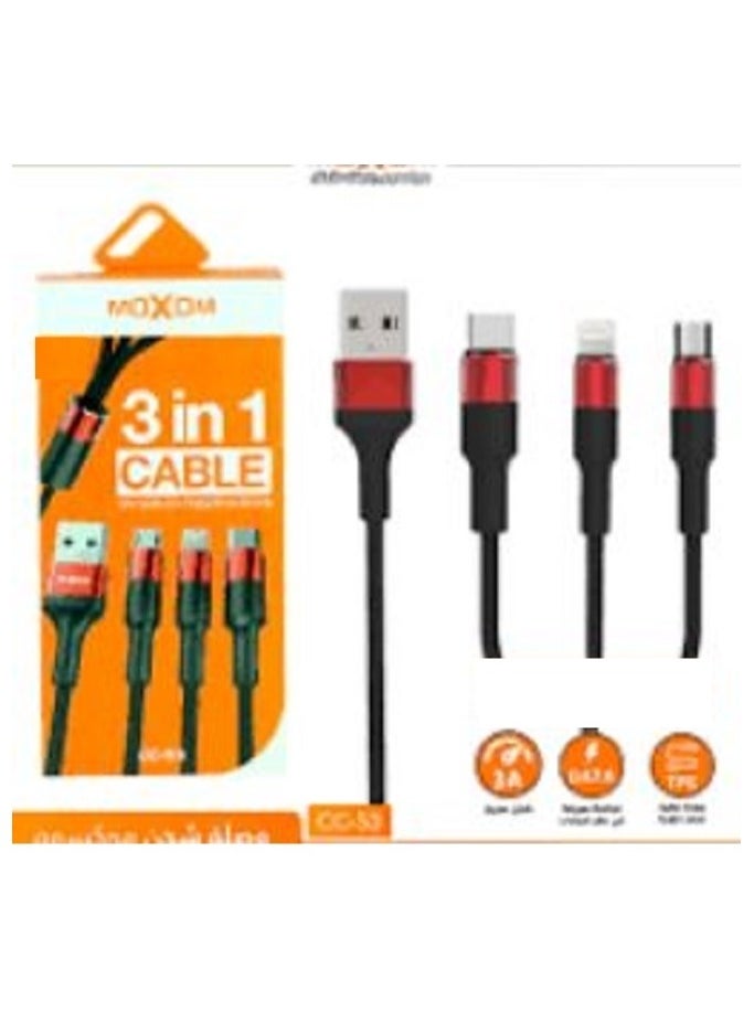 MOXOM Moxom 3-in-1 USB-to-Lighting and Micro and Type C Charging Cable in Red/Black is the ultimate solution for all your charging needs.  - Image 3