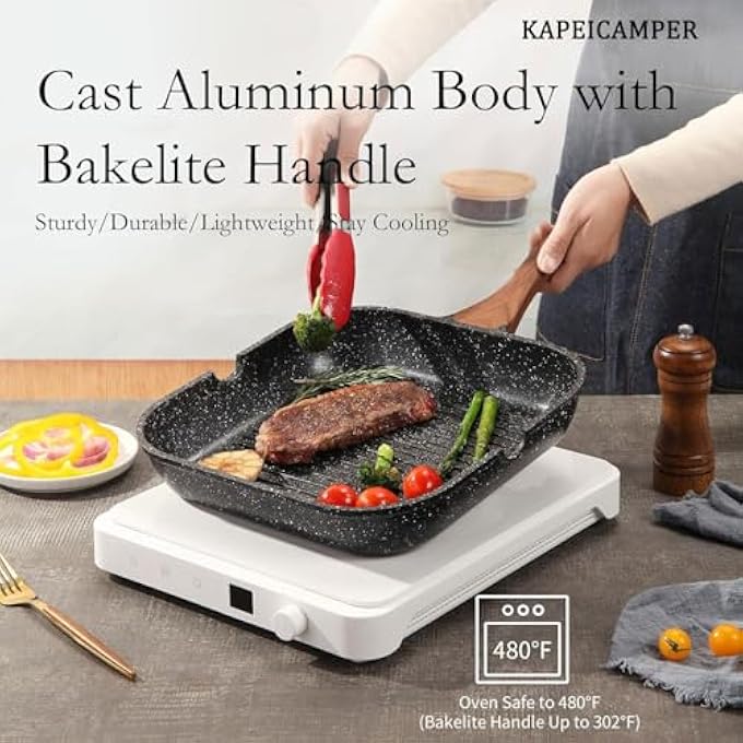 KAPEICamper مقلاة طهي حثية غير لاصقة، مقلاة شواء غير لاصقة مع طلاء جرانيت، مقبض من الخشب الصلب، مقلاة حثية لشرائح اللحم المقدد، مقلاة للغاز 95، مقلاة 24 سم - Image 5