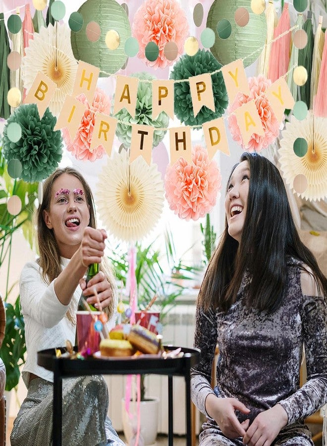 زينة عيد ميلاد باللون الأخضر الزيتوني والخوخي، زينة عيد ميلاد بوهيمية باللون البيج والخوخي والأخضر الزيتوني للنساء والفتيات، مراوح كريمية، كرات بوم بوم، إكليل شرابات باللون الأخضر الزيتوني والوردي الكريمي، حفلة مع لافتة باللون البيج والذهبي - Image 5