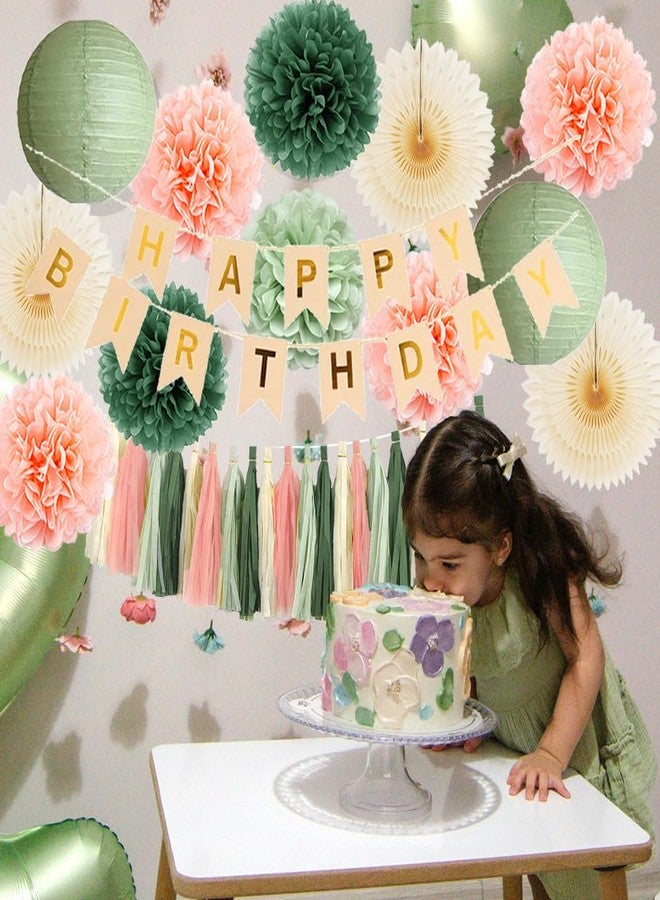 زينة عيد ميلاد باللون الأخضر الزيتوني والخوخي، زينة عيد ميلاد بوهيمية باللون البيج والخوخي والأخضر الزيتوني للنساء والفتيات، مراوح كريمية، كرات بوم بوم، إكليل شرابات باللون الأخضر الزيتوني والوردي الكريمي، حفلة مع لافتة باللون البيج والذهبي - Image 3