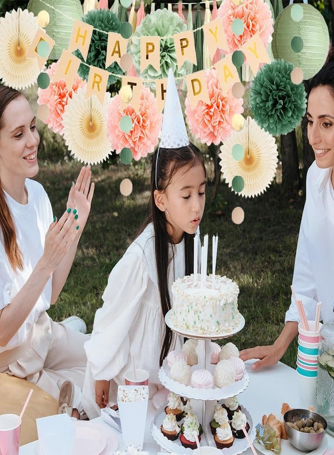 زينة عيد ميلاد باللون الأخضر الزيتوني والخوخي، زينة عيد ميلاد بوهيمية باللون البيج والخوخي والأخضر الزيتوني للنساء والفتيات، مراوح كريمية، كرات بوم بوم، إكليل شرابات باللون الأخضر الزيتوني والوردي الكريمي، حفلة مع لافتة باللون البيج والذهبي - Image 2
