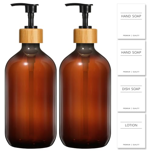 KASUNTING Amber Soap Dispenser Plastic, Brown Dish Soap Dispenser with Bamboo Pump for Kitchen,17 Fl Oz Hand and Dish Dispenser Set for Bathroom, Farmhouse Liquid Soap and Lotion Dispensers Bottle - Image 1