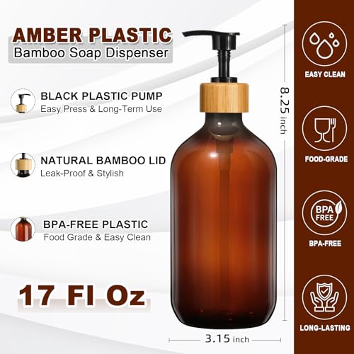 KASUNTING Amber Soap Dispenser Plastic, Brown Dish Soap Dispenser with Bamboo Pump for Kitchen,17 Fl Oz Hand and Dish Dispenser Set for Bathroom, Farmhouse Liquid Soap and Lotion Dispensers Bottle - Image 3