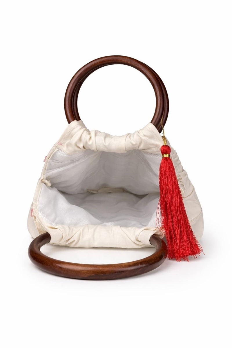 ATHZ Ivora Bloom Handcrafted Cotton Handbag for Women with Wooden Handle, Stylish Indo Fusion Day Bag, Lightweight Casual & Outing Purse with Tassel & Floral Detail - Image 5