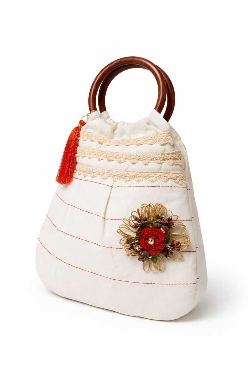 ATHZ Ivora Bloom Handcrafted Cotton Handbag for Women with Wooden Handle, Stylish Indo Fusion Day Bag, Lightweight Casual & Outing Purse with Tassel & Floral Detail - Image 4