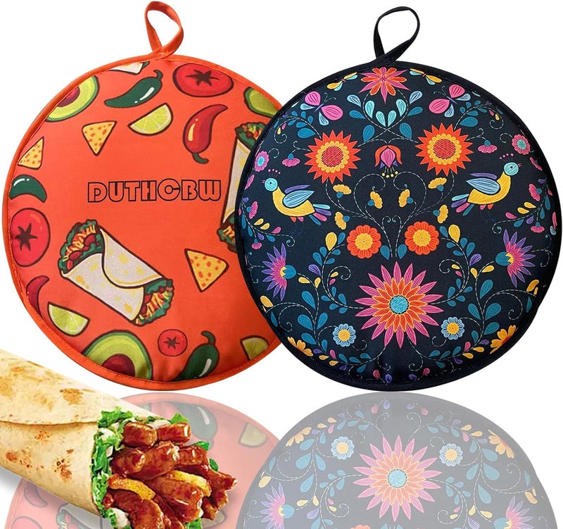 Duthcbw 2 PACK Large Tortilla Warmers, Premium Insulated Fabric Pouch Keeps Tacos, Naan, Pizza & Flour Tortillas Cozily Warm, Microwavable & Classic, Ideal for Family Feasts, Orange/Black - Image 1