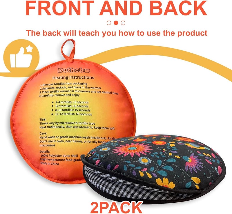 Duthcbw 2 PACK Large Tortilla Warmers, Premium Insulated Fabric Pouch Keeps Tacos, Naan, Pizza & Flour Tortillas Cozily Warm, Microwavable & Classic, Ideal for Family Feasts, Orange/Black - Image 2
