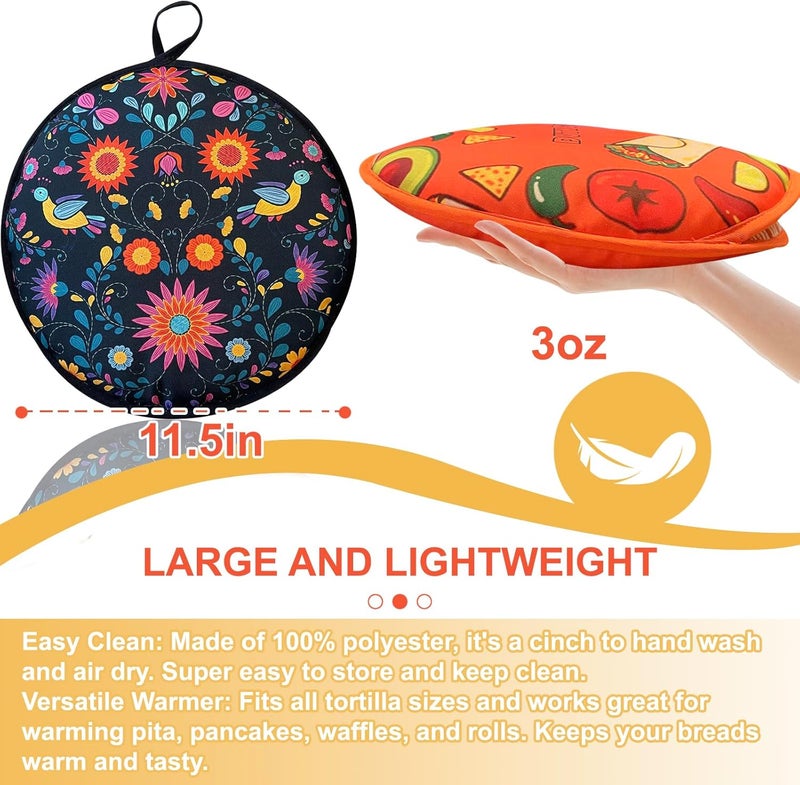 Duthcbw 2 PACK Large Tortilla Warmers, Premium Insulated Fabric Pouch Keeps Tacos, Naan, Pizza & Flour Tortillas Cozily Warm, Microwavable & Classic, Ideal for Family Feasts, Orange/Black - Image 3