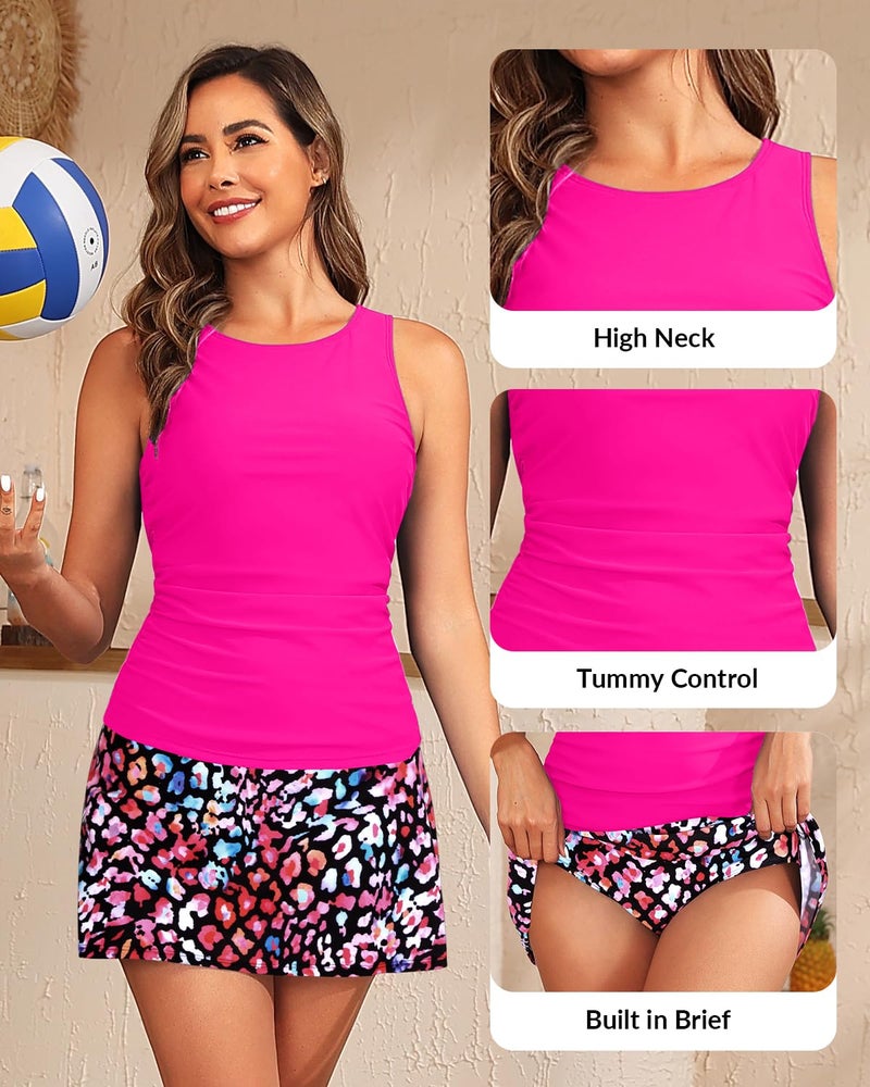 Daci Womens Hot Pink with Leopard Tankini Swimsuits with Skirt - Two Piece Tummy Control Bathing Suits High Neck Swimwear M - Image 4