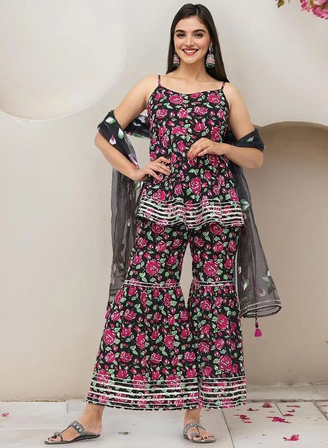 Ishin  Ishin Black Floral Cotton Kurta with Pants and Dupatta Set for Women | Best Price UAE