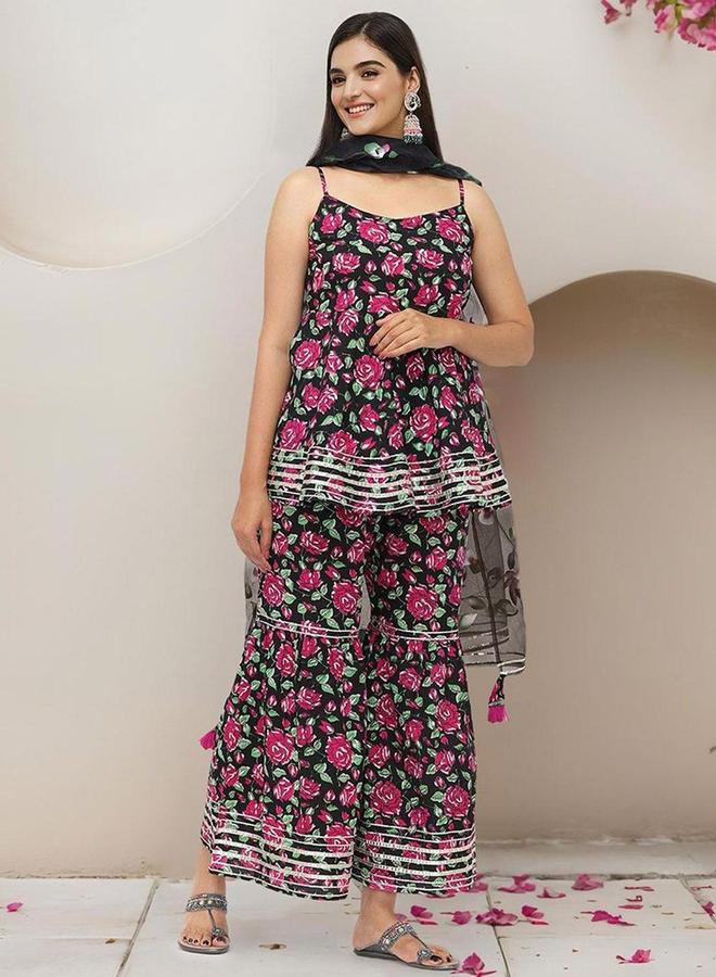 Ishin Black Floral Cotton Kurta with Pants and Dupatta Set - Image 2
