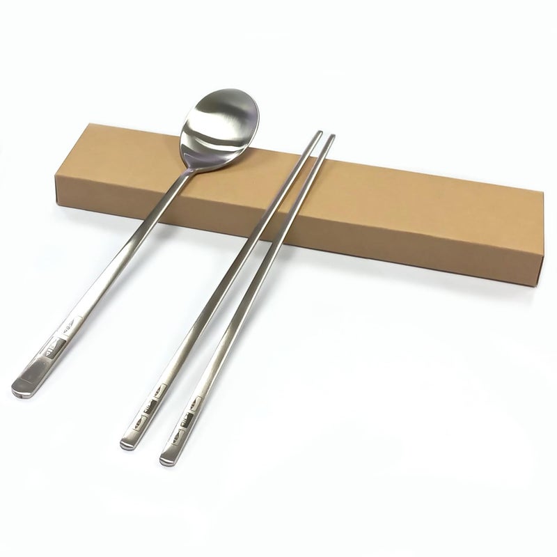 SUPIA Korean Traditional Cutlery Stainless Steel Spoons and Chopsticks Set Tableware with Longhand Reusable Silver Fish