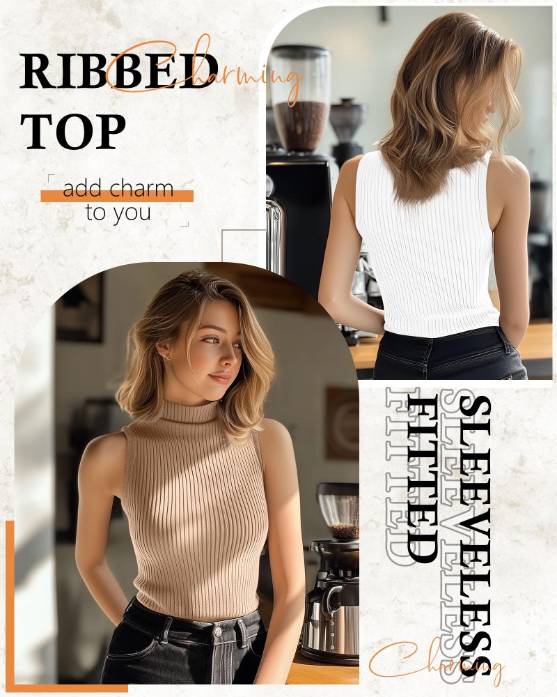 Xaatren 3 Pack Women's Sleeveless Mock Turtlenecks Shirts, Ribbed Stretch Slim Fitted Tank Top Basic Lightweight Bustier Tee(White, Black, Brown,Medium) - Image 3