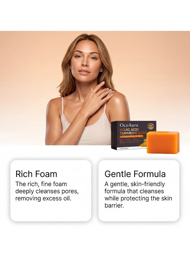 OceAura Kojic Acid Turmeric Soap, Kojic Acid Spot For Hyperpigment Ation, Anti-Acne Dark Spot Corrector Soap, Brightning Deep Cleansing Face And Body Turmeric Soap, Brighter Skin Tone For Face & Body, 100g - Image 2