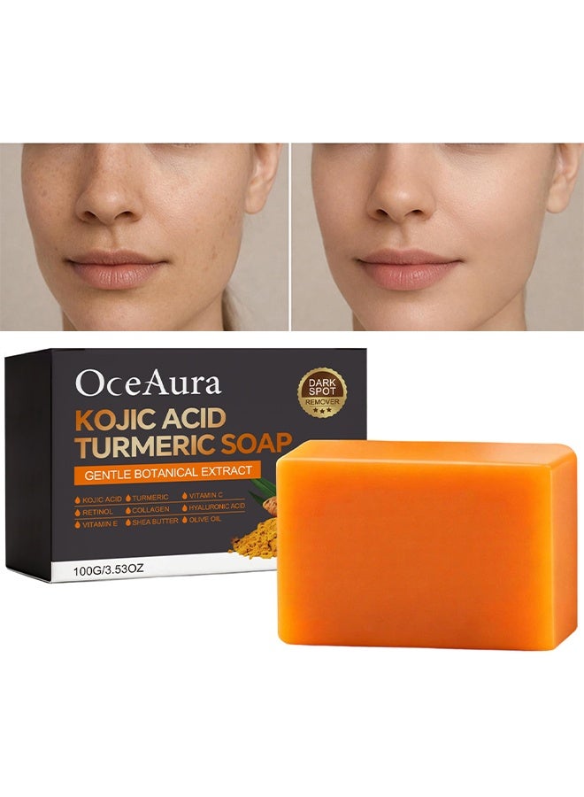 OceAura Kojic Acid Turmeric Soap, Kojic Acid Spot For Hyperpigment Ation, Anti-Acne Dark Spot Corrector Soap, Brightning Deep Cleansing Face And Body Turmeric Soap, Brighter Skin Tone For Face & Body, 100g - Image 1