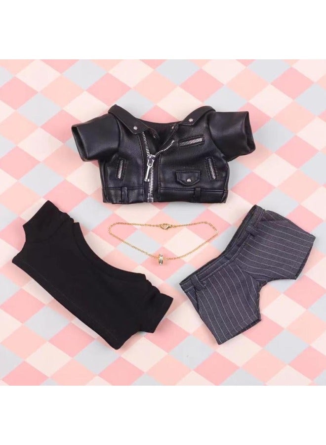 20cm Doll Coat Lv Ju'an Bike Coat Leather Coat Cotton Doll Coat Mirror Doll Same Style Leather Coat-Specifications:20cm-Color:Lu Jue 'an Black Leather Dark Grey Striped Pants 4-Piece Set - Image 1