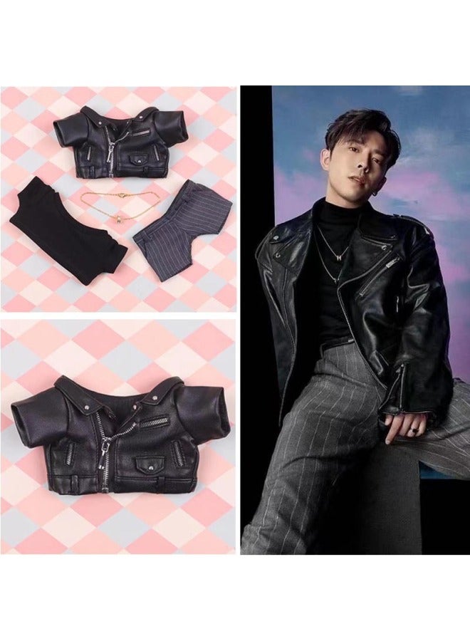20cm Doll Coat Lv Ju'an Bike Coat Leather Coat Cotton Doll Coat Mirror Doll Same Style Leather Coat-Specifications:20cm-Color:Lu Jue 'an Black Leather Dark Grey Striped Pants 4-Piece Set - Image 2