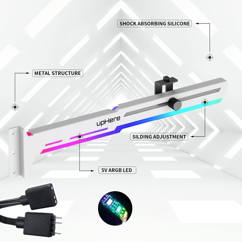 upHere 5V Addressable RGB White Graphics Card GPU Brace Support Video Card Sag Holder,Built-in 5V ARGB Strip,Adjustable Length and Height Support,G276WTARGB - Image 2