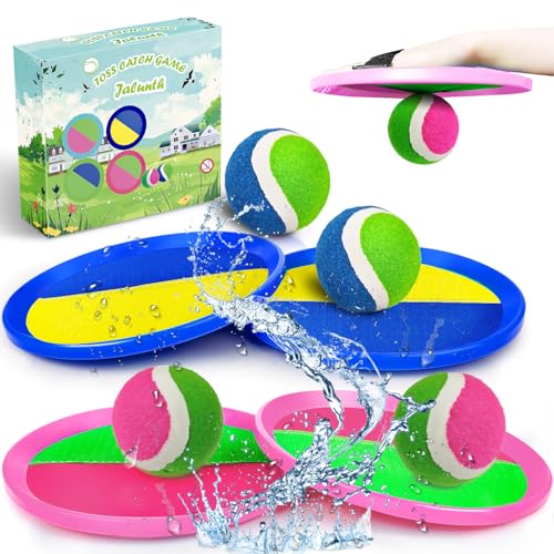 Jalunth Ball Catch Set Game Toss Paddle Beach Toys Back Yard Outdoor Games Pool Backyard Target Throw Sticky Mitt Set Age 3 4 5 6 7 8 9 10 11 12 Years Old Boys Girls Kids Easter Gifts Pink Blue 2 Pack - Image 1