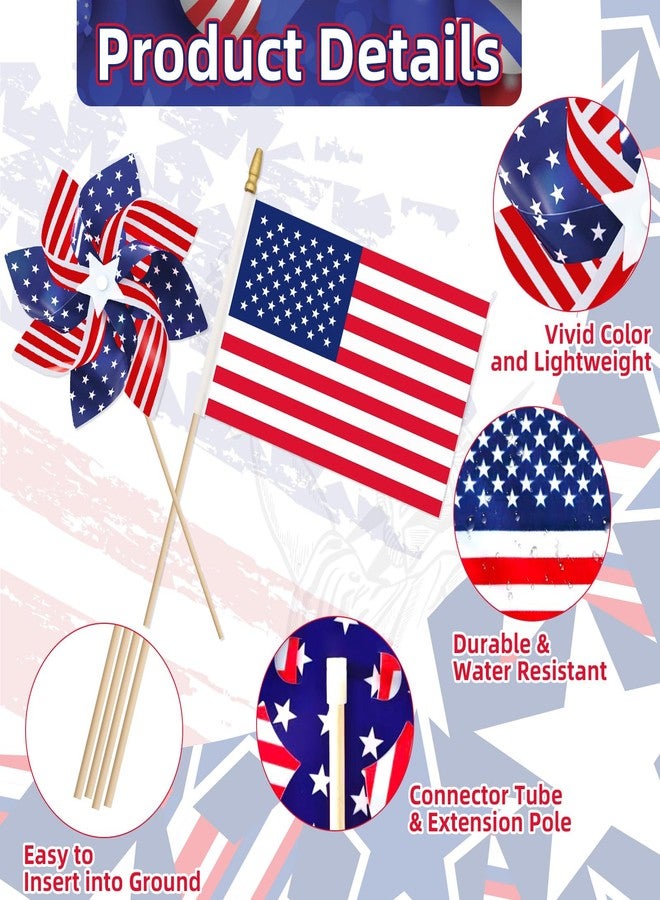 Geodurn Pack of 32, USA Wind Spinners & Handheld Flags - 12 American Flag Pinwheels and 20 Small Wooden Flag Sticks with Gold Spear Top, Patriotic Decoration for 4th of July, Parades, Outdoor Yard Garden Lawn - Image 3
