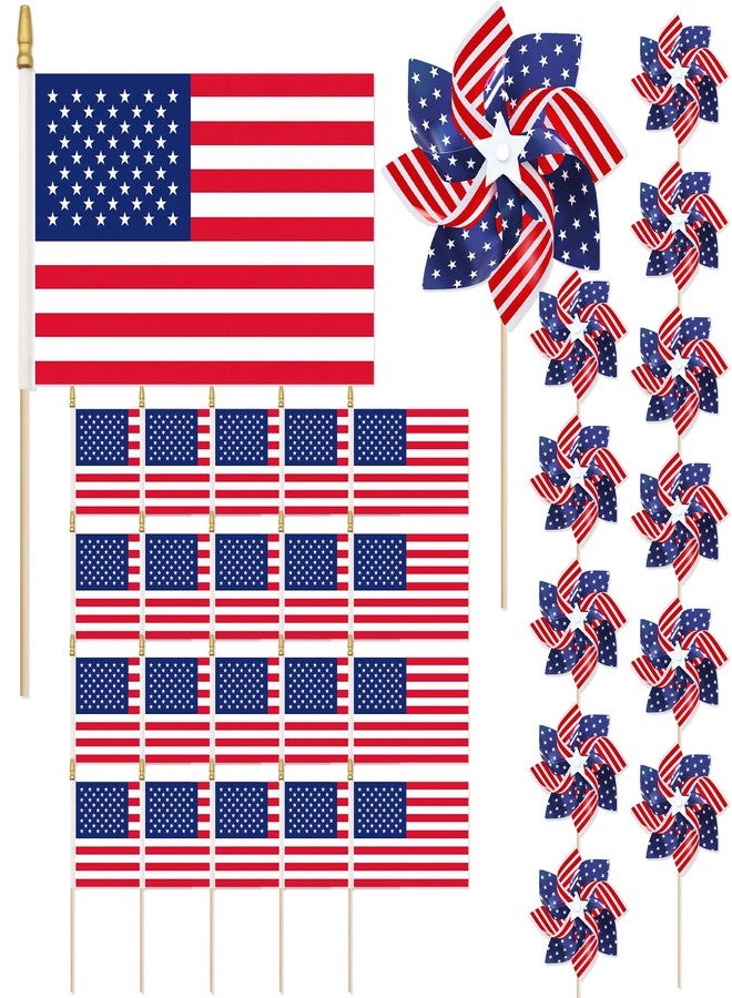 Geodurn Pack of 32, USA Wind Spinners & Handheld Flags - 12 American Flag Pinwheels and 20 Small Wooden Flag Sticks with Gold Spear Top, Patriotic Decoration for 4th of July, Parades, Outdoor Yard Garden Lawn - Image 1