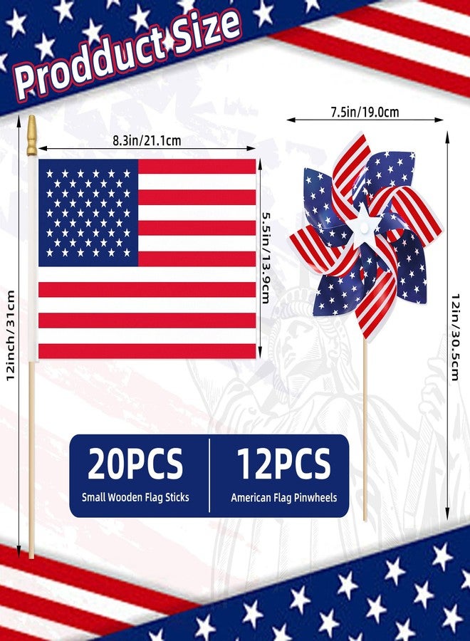 Geodurn Pack of 32, USA Wind Spinners & Handheld Flags - 12 American Flag Pinwheels and 20 Small Wooden Flag Sticks with Gold Spear Top, Patriotic Decoration for 4th of July, Parades, Outdoor Yard Garden Lawn - Image 2