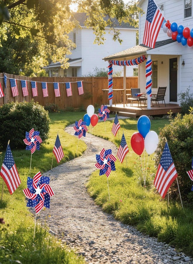 Geodurn Pack of 32, USA Wind Spinners & Handheld Flags - 12 American Flag Pinwheels and 20 Small Wooden Flag Sticks with Gold Spear Top, Patriotic Decoration for 4th of July, Parades, Outdoor Yard Garden Lawn - Image 4