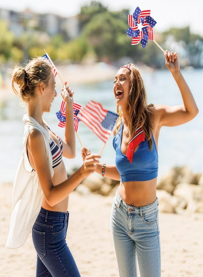 Geodurn Pack of 32, USA Wind Spinners & Handheld Flags - 12 American Flag Pinwheels and 20 Small Wooden Flag Sticks with Gold Spear Top, Patriotic Decoration for 4th of July, Parades, Outdoor Yard Garden Lawn - Image 5