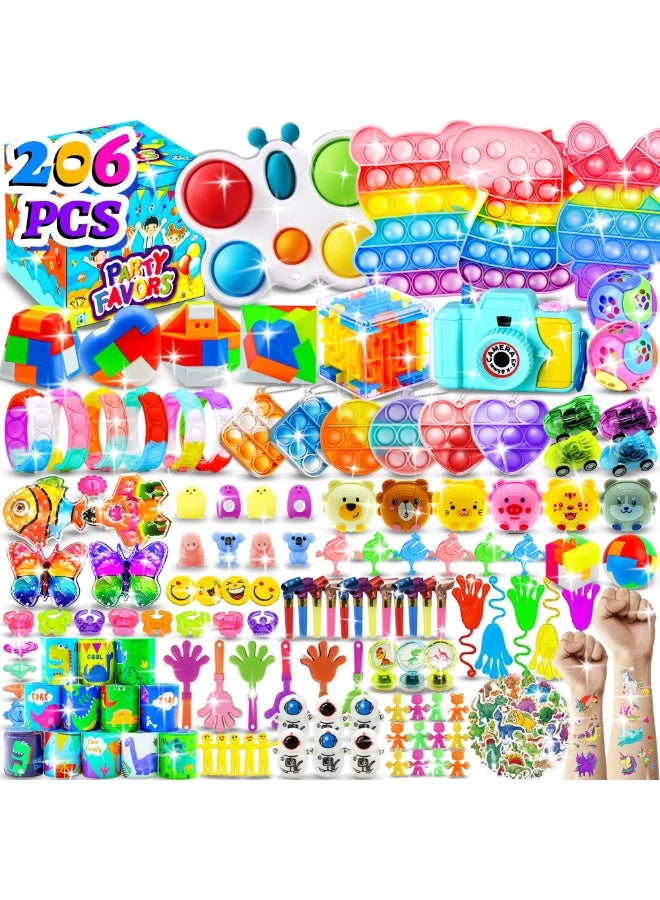 206 PCS Party Favors for Kids, Bulk Mini Toys Assortment with 30 Types Including Pop Fidget Toys, Bouncy Balls, Squishy Toys, Springs, Prizes for Birthday Giveaways, Goodie Bags, Piñata Fillers, Classroom Rewards, Treasure Box, Party Supplies for Boys & Girls