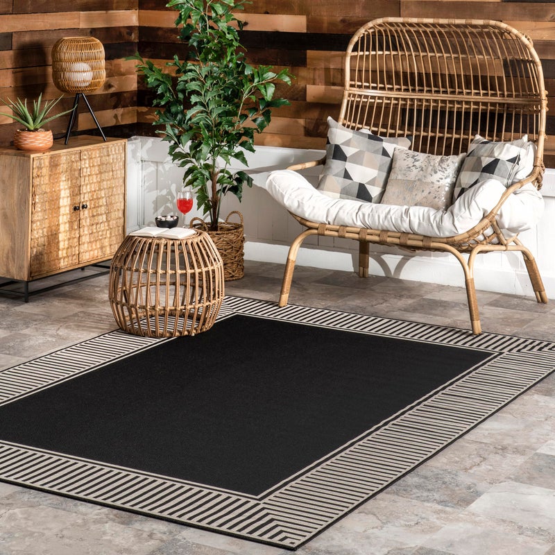 Nuloom Asha Black/Ivory, 4' x 6', Casual, Striped Border, Soft and Cozy, High Traffic, Stain Resistant, Easy Clean, Durable Area Rug for Indoor/Outdoor Patio, Deck, Porch, Garden, Courtyard - Image 1