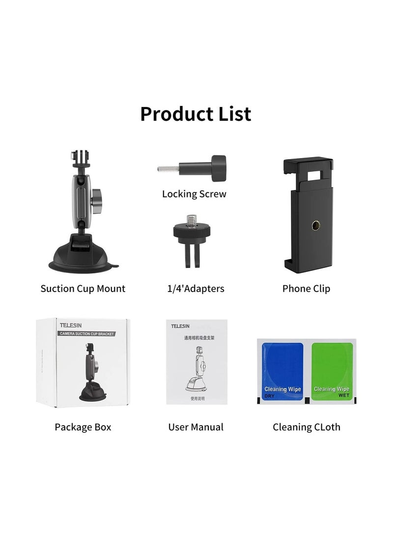 TELESIN - Aluminum Alloy Suction Cup Holder for Gopro Hero, Gopro MAX, DJI OSMO Action, OSMO Pocket, Insta360 ONE X, ONE R, ONE, Mobile Phone - Image 1