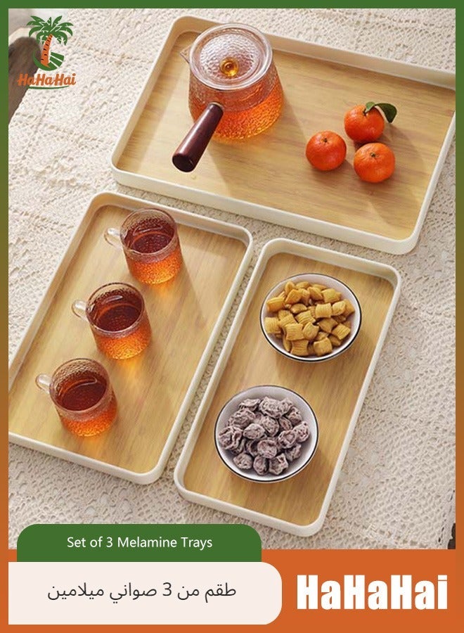 HaHaHai Set of 3 Melamine Trays for Serving Tea and Coffee Rectangular Serving Platter Set, Food Serving Trays for Party Entertaining(Wood color) - Image 1