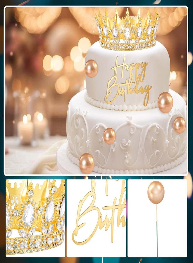 Otuuz 8 Pcs Gold Queen Crown Birthday Theme Set for Women Rhinestone Crystal Tiara Happy Birthday Cake Topper Decoration Foam Cake Balls Decor for Queen Princess Party Photo Props - Image 3