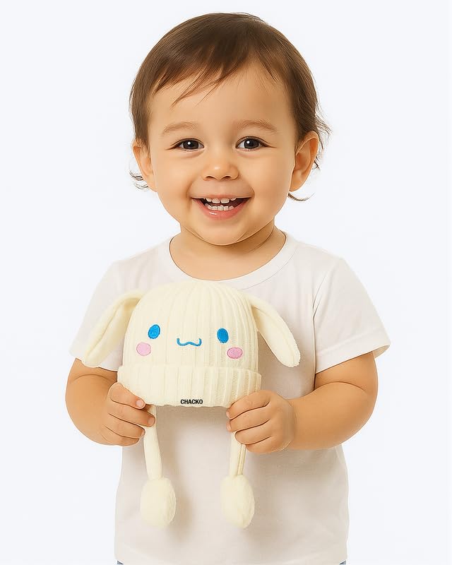 CHACKO Bunny Cap with Moving Ears for Kids (1–10 Yrs) | Plush Wool Winter Hat | Cute Girls Headwear & Funny Cap_White - Image 3