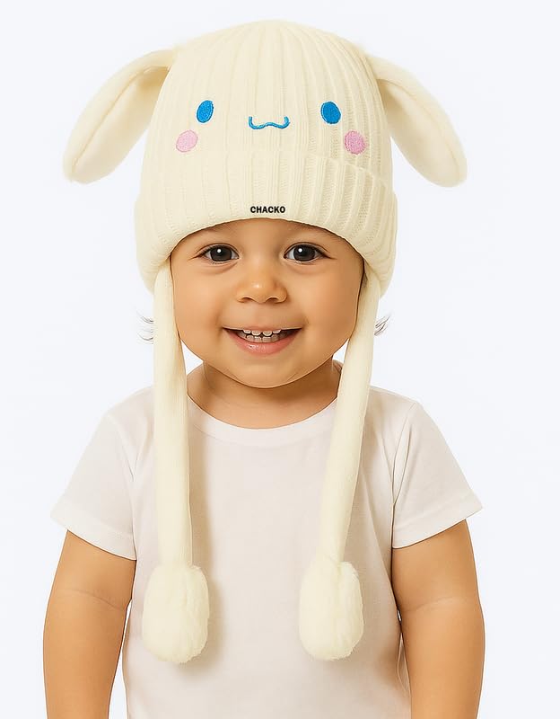 CHACKO Bunny Cap with Moving Ears for Kids (1–10 Yrs) | Plush Wool Winter Hat | Cute Girls Headwear & Funny Cap_White - Image 2