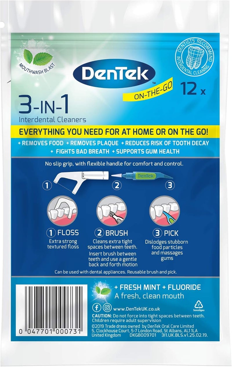 Dentek دينتيك 3 في 1 منظفات بين الأسنان تحتوي على فرشاة بين الأسنان وخيط وأسنان في عبوة واحدة 12 حبة - Image 2