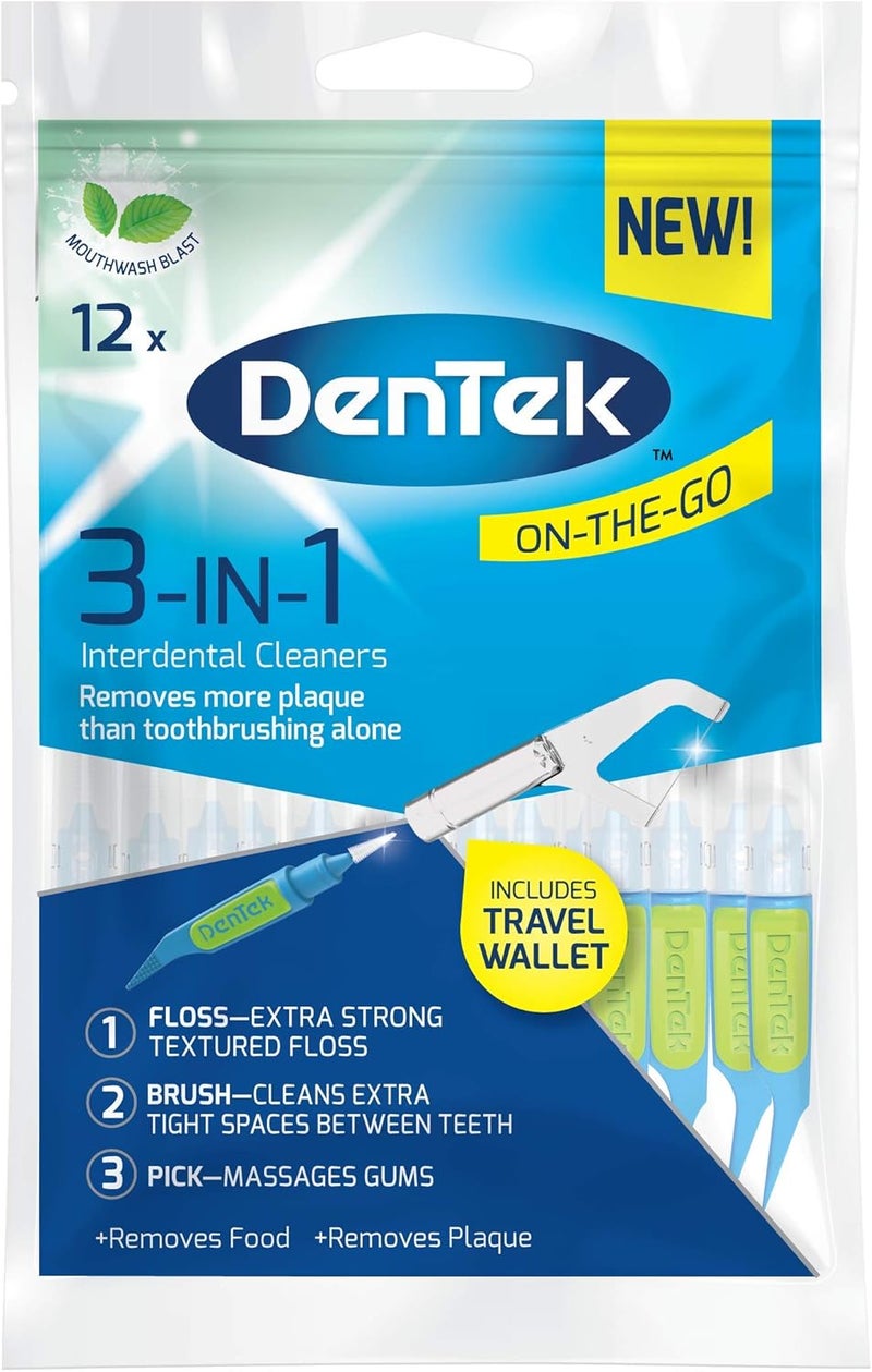 Dentek دينتيك 3 في 1 منظفات بين الأسنان تحتوي على فرشاة بين الأسنان وخيط وأسنان في عبوة واحدة 12 حبة - Image 1