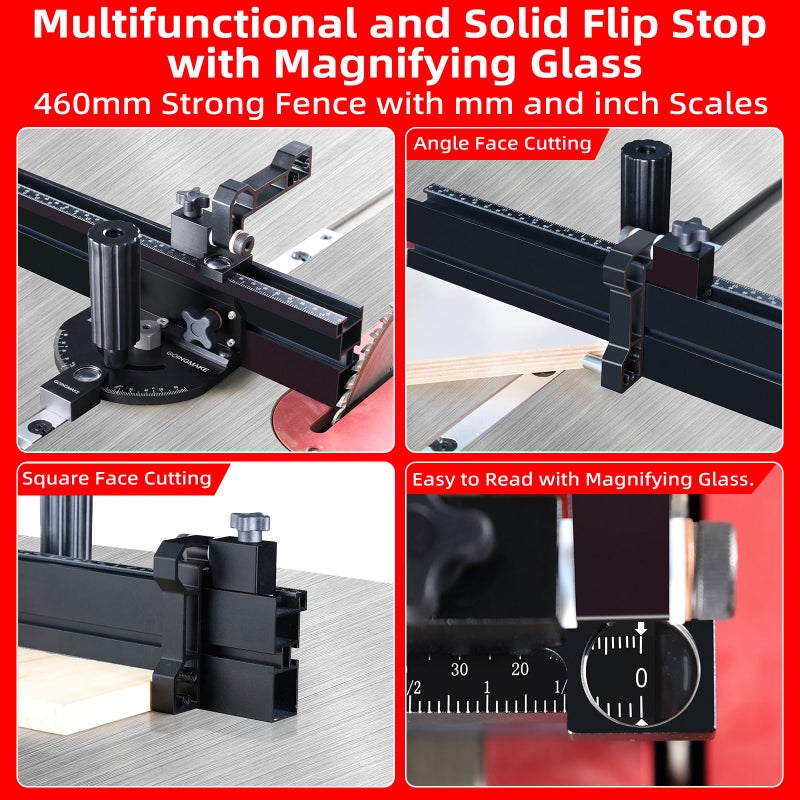 GOINGMAKE Portable Table Saw Miter Gauge with 18 Inch Fence and Multifunction Flip Stop and Positive Angle Stops, Miter Gauge for Table Saw Accessories, for Woodworking Cuts, Fits 3/4"x3/8" Slot - Image 4