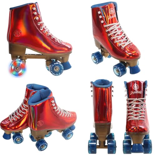 JajaHoho Roller Skates for Women, Holographic High Top Classic Rollerskates, Shiny Double-Row Blue Four Wheels Quad Skates for Girls Indoor & Outdoor (Red, Size 7) - Image 4