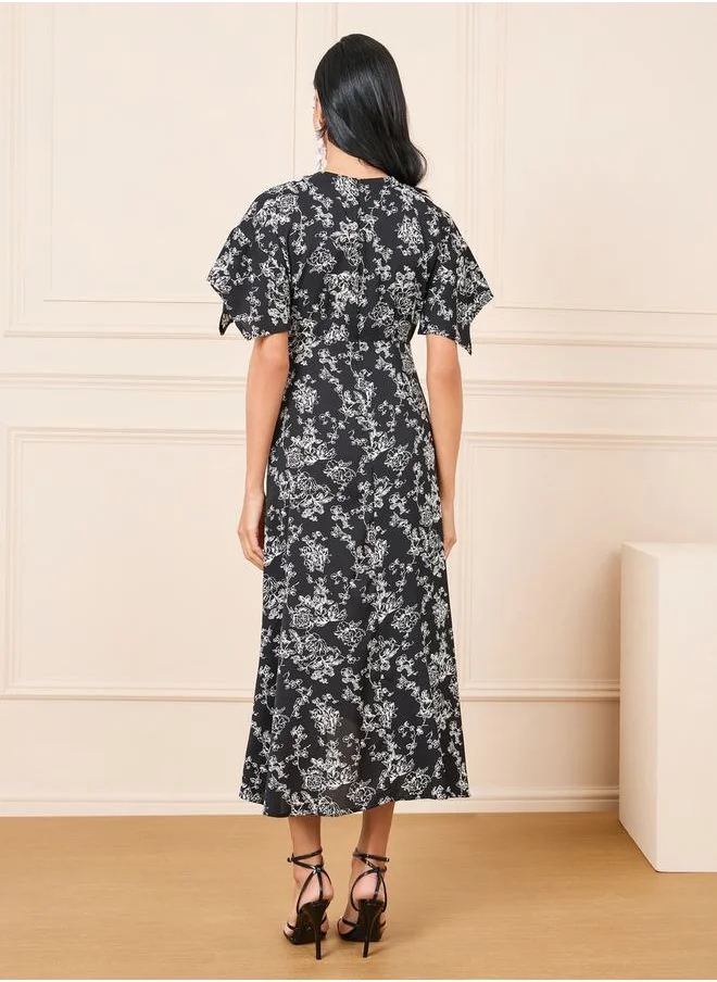 Styli Floral All Over Print Asymmetric Midi Dress