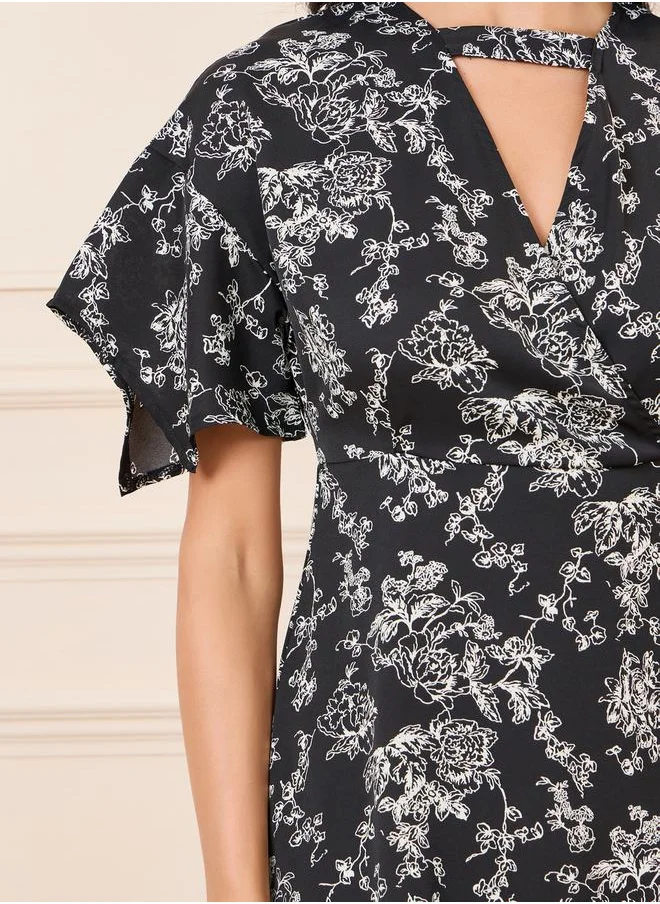 Styli Floral All Over Print Asymmetric Midi Dress