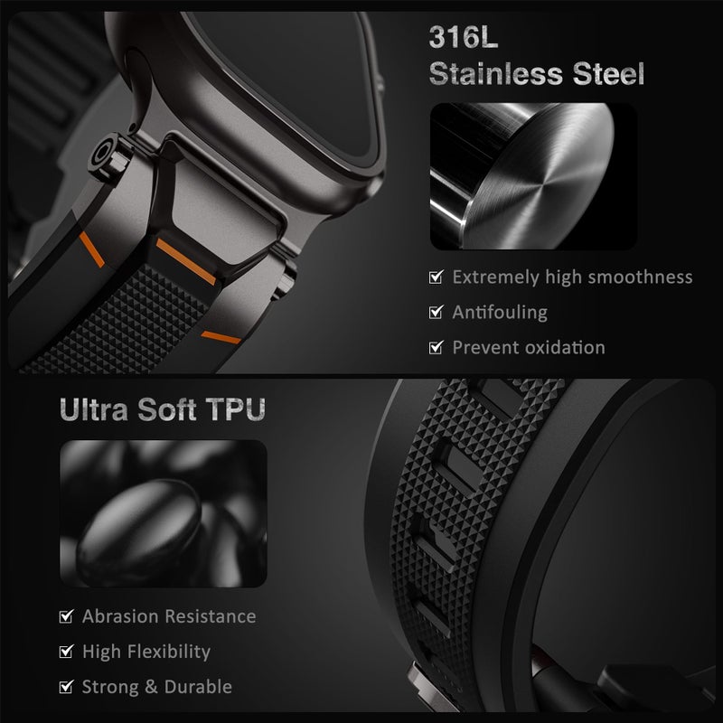 ULTIMAL Sport Band for Apple Watch 49mm/46mm/45mm/44mm, Soft TPU Strap with Stainless Steel Buckle & Connectors, Sweat-Resistant, Easy to Clean, Fits 155-225mm Wrist, for Apple watch Ultra 3/2/1, SE 3/2/1, Series 11/10/9/8/7/6/5/4 (Black/Black) - Image 2