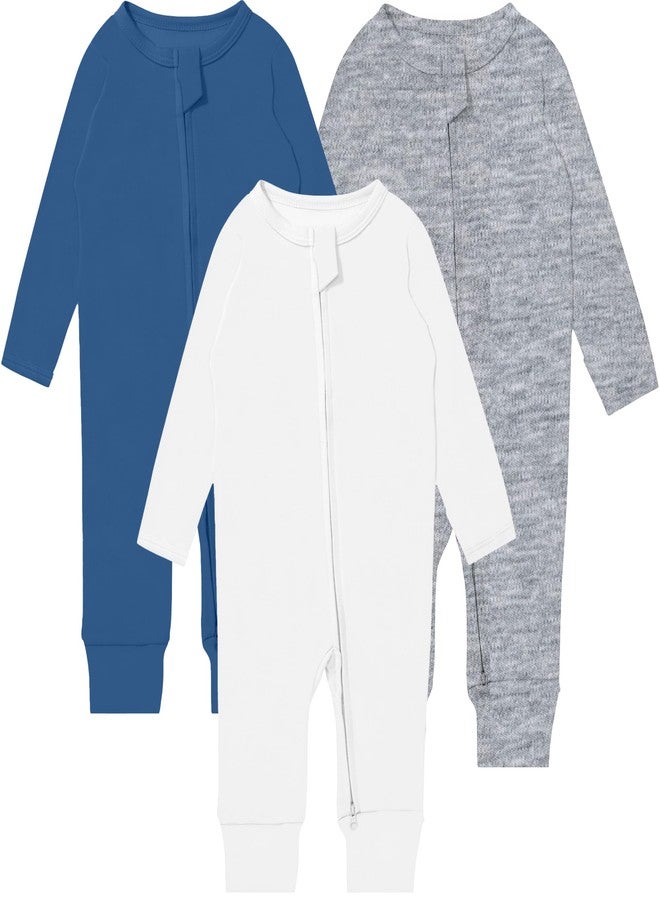 GUISBY Long Sleeve Cotton Pajamas Footless Baby Bodysuits with Zipper and Mittens 3-Pack for Boys Girls White+Grey+Blue 6-12 Months - Image 1