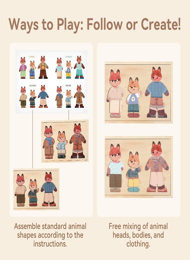 Promise Babe Wooden Fox Family Dress up Puzzle for Toddlers 1-3, Animal Puzzle Toy Sorting & Matching with Storage Case, Learning Educational Montessori Toy Gifts for Kids Boys Girls for 2-4 Years Old - Image 3