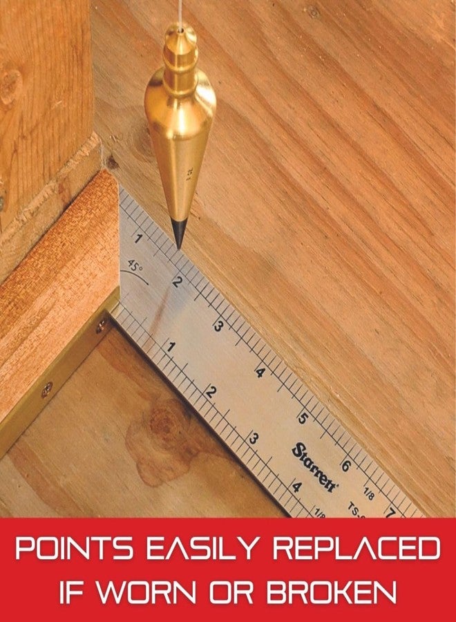 Starrett Solid Brass Plumb Bob with Replaceable, Hardened Steels and 10' Nylon Cord for Layout Work, Construction and Surveying - 16oz. Weight - PBB-16 - Image 5