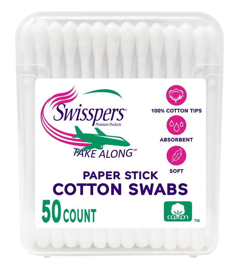 Swisspers Take Along Cotton Swabs, 100% Cotton Double-Tipped, White Paper Sticks, Travel Size, 6-Pack, 50 Swabs Per Packages (300 Swabs Total) - Image 3