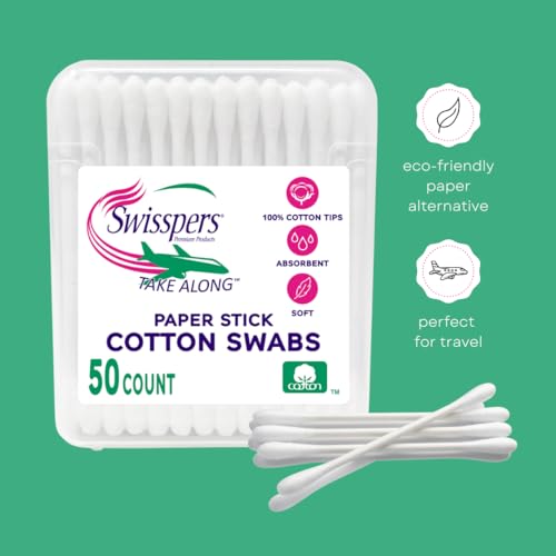 Swisspers Take Along Cotton Swabs, 100% Cotton Double-Tipped, White Paper Sticks, Travel Size, 6-Pack, 50 Swabs Per Packages (300 Swabs Total) - Image 2
