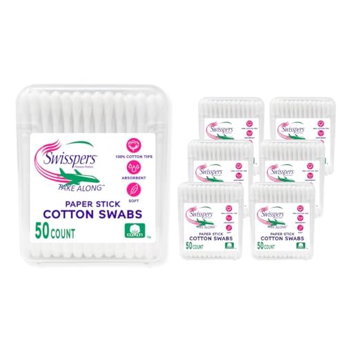 Swisspers Take Along Cotton Swabs, 100% Cotton Double-Tipped, White Paper Sticks, Travel Size, 6-Pack, 50 Swabs Per Packages (300 Swabs Total) - Image 1