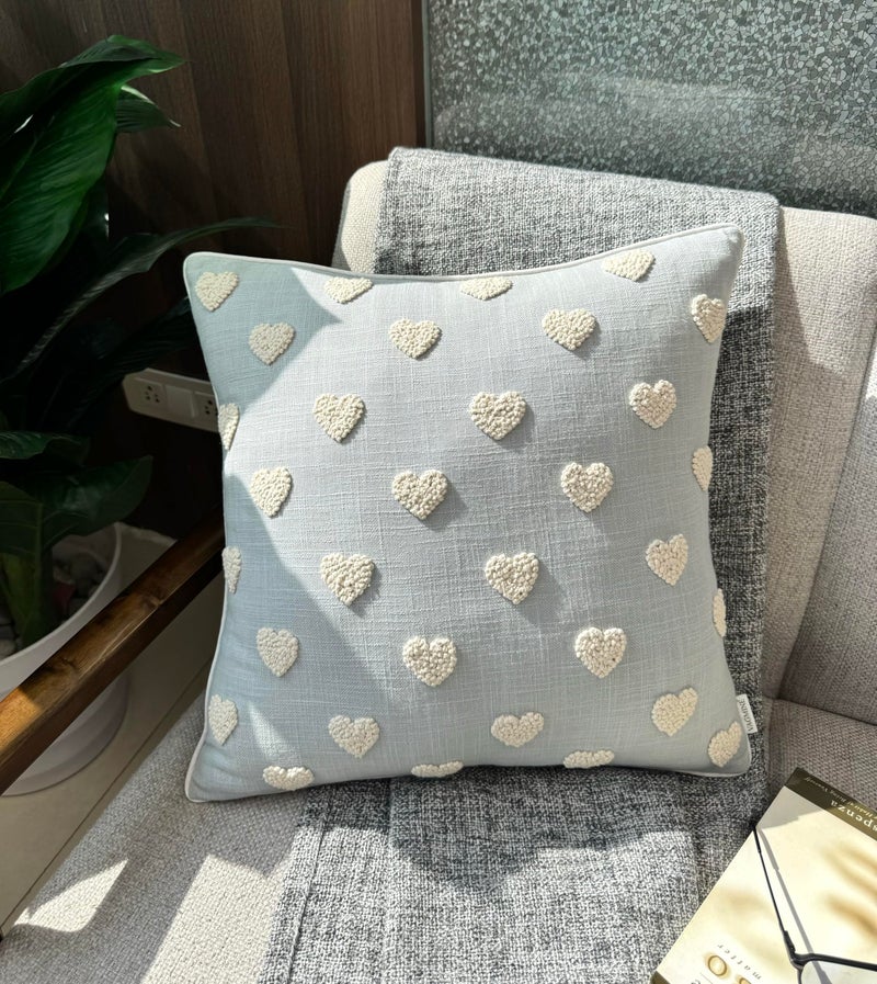 VAGMINE Hand Embroidered Valentineâ€™s Day Gift Throw Pillow Cover - 18x18 Robins Egg Cotton - French Knotted Hearts - Image 1