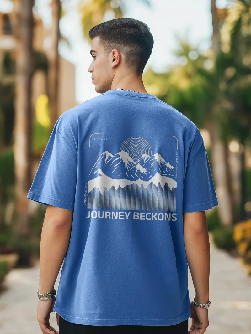 NOBERO Men's Blue Graphic Print Oversized T-Shirt